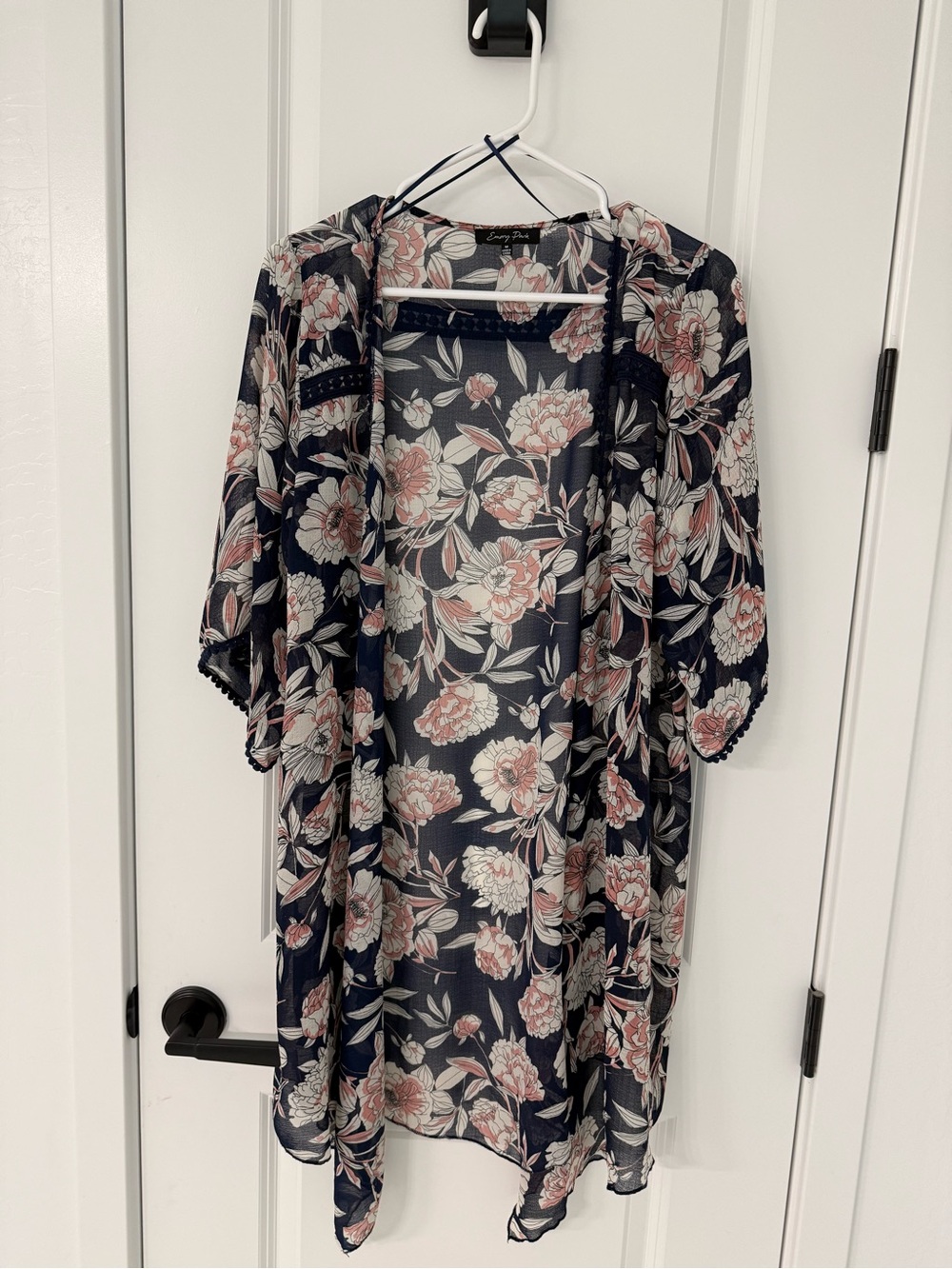 Emory Park Navy Floral Sheer Kimono with Pink Blooms